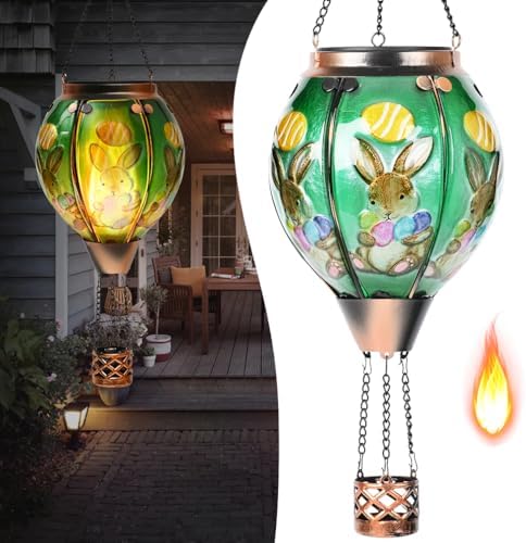 Easter Hot Air Balloon Solar Lantern - Bunny Stained Glass Lantern, Simulated Flickering & Dancing Flame, Outdoor Hanging Yard Light Waterproof IP65 for Patio Lawn Porch Decor Rabbit Gift by Unknown