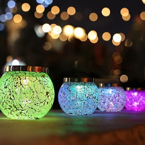 Cooo Gift for her him 4 Pack Heavy Solar Mosaic Crackle Glass Lights with Dual Solar Panels, Color-Changing RGB Lantern, Exclusive Dazzling Glass, Waterproof Outdoor Table Lamps Garden Lamp by Cooo