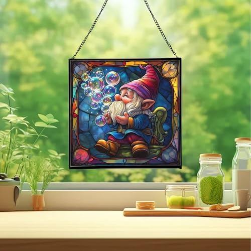 Gnome with Soap Bubbles Stained Glass Suncatcher – Square Hanging Window Panel for Home or Greenhouse – Whimsical Glass Art Gift for Garden Lovers, Christmas, Halloween, Father Days 4O54kD - Image 2