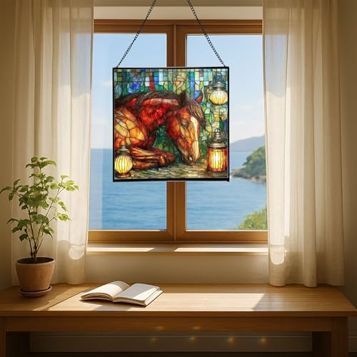 Bay Miniature Horse Curled Near Garden Lanterns Square Suncatcher – Stained Glass Style Window Panel with Pastoral Scene, Custom Decorative Hanging Art for Equestrian Home, Christmas w0YTNv - Image 6