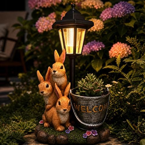 Solar Garden Statues Bunny Decor, 12.7" Upgraded Outdoor Rabbit Figurine with Welcome Planter & 3-Panel LED Lantern, Waterproof Resin Animal Yard Art Sculpture, Gardening Gifts for Women Mom Patio by Tuykay