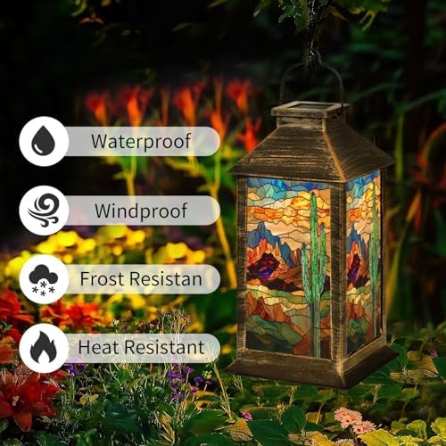 Solar Lantern Stunning Stained Glass Western Landscape Textured Cactus Outdoor Waterproof Garden Hanging Lantern Solar Powered Lighting Outside Table Lamp for Patio Deck Camping 1 Pack - Image 2