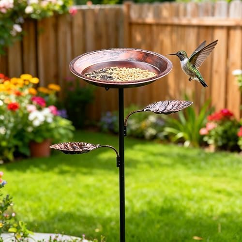 Bird Bath for Wild Birds, Outdoor Metal Standing Bowl with Feeders, Stake Design for Lawn and Flower Bed(Copper Color) - Image 3