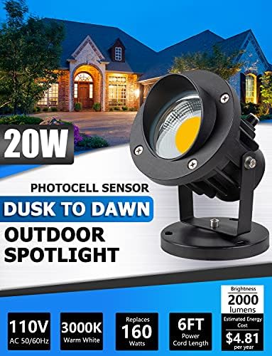 SUNVIE 20W Spot Lights Outdoor with Photocell Sensor, Dusk to Dawn LED Landscape Spotlights, Waterproof 120V 2000LM 3000K Landscape Lighting for Yard Flag Tree Garden 6 FT US 3-Plug in Cord, 2 Pack - Image 2
