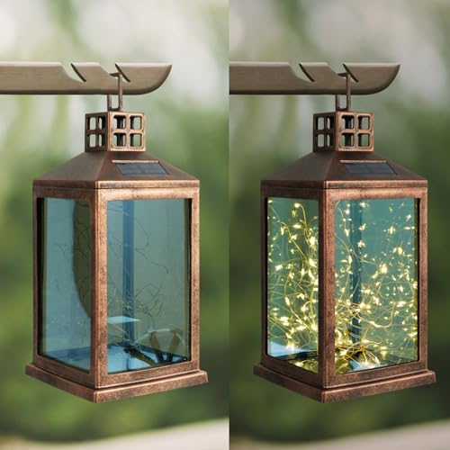 Solar Lantern Outdoor, Garden Hanging Lantern Solar Powered - Glass Waterproof Brushed Copper Solar Table Lantern Decorative Lights Flash and Steady-on Modes for Patio, Backyard, Garden - Image 6