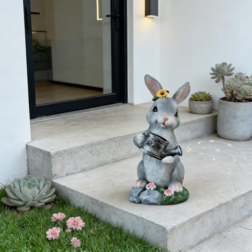 Weather Solar Power Rabbits Statue with Watering Can Parties Decors for Yard and Porch Decorative Lighting Resin Rabbits with Watering Can - Image 3