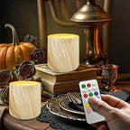 Pack of 4 Flameless Candles with Remote Battery Operated Candles with Timer Flickering LED Elictric Pillar Tealights for Indoor Outdoor Home Table Decorations, Wood Grain Print - Image 3