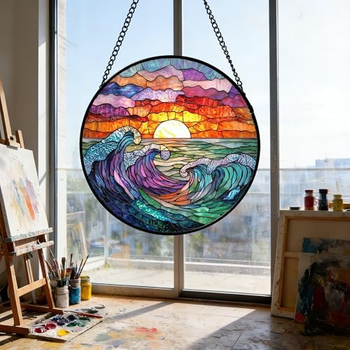 Clouds and Sea Waves Stained Glass Window Hanging Suncatcher Gifts 15" - Image 5