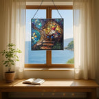 Gnome Reading in Treehouse Stained Glass Suncatcher – Square Hanging Window Panel for Home or Greenhouse – Whimsical Glass Art Gift for Garden Lovers, Christmas, Halloween, Father Days yU5sb7 - Image 6