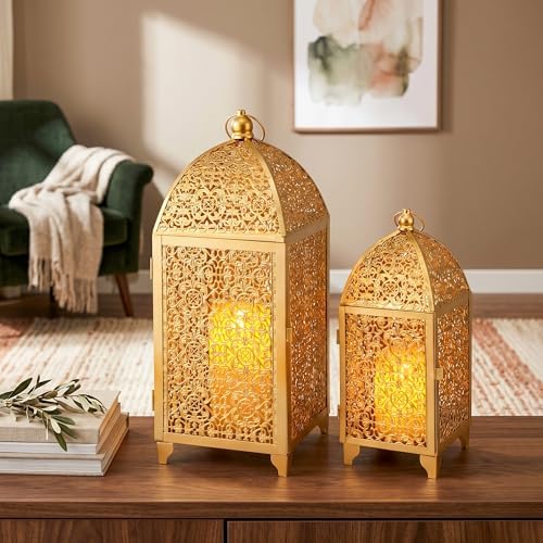 TRIROCKS Set of 2 Vintage Decorative Candle Lantern 12''&16.5'' High Metal Candle Holder Hanging Lantern with Hollow Pattern for Living Room Garden Parties Events Indoors Outdoors(Gold) - Image 4