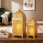 TRIROCKS Set of 2 Vintage Decorative Candle Lantern 12''&16.5'' High Metal Candle Holder Hanging Lantern with Hollow Pattern for Living Room Garden Parties Events Indoors Outdoors(Gold) - Image 4