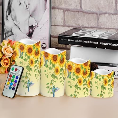 Sunflower Hummingbird Flickering Flameless Candles Pillar LED Candles with Remote and Timer Set of 4 Color Changing Battery Operated Candles for Home Decoration - Image 4