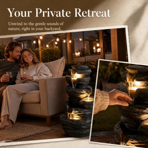 Outdoor Water Fountain with LED Lights, 25.6" Cascading Water Feature with Planter, Freestanding Modern Garden Fountain for Patio, Balcony, Backyard, Porch, Housewarming Gift - Image 2