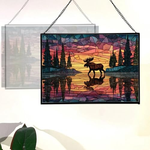 Moose Wading Through Shimmering Lake Rectangular Stained Glass Suncatcher – Hanging Window Panel with Animal & Nature Scene – Vibrant Glass Art Gift for Wildlife, Fantasy, Nature Lovers VbAJYD - Image 3
