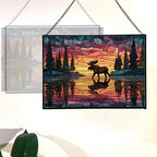 Moose Wading Through Shimmering Lake Rectangular Stained Glass Suncatcher – Hanging Window Panel with Animal & Nature Scene – Vibrant Glass Art Gift for Wildlife, Fantasy, Nature Lovers VbAJYD - Image 3