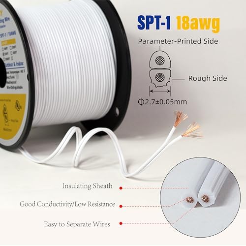 Low Voltage Landscape Lighting Cable 18/2 SPT-1W Bulk Lamp Cord 300-Volt 18-Gauge 250-feet Spool White UL Listed - Image 2