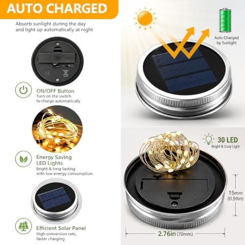 Solar Mason Jar Lid Lights Outdoor 12 Pack, Multicolor Garden Fairy Lights - Image 3