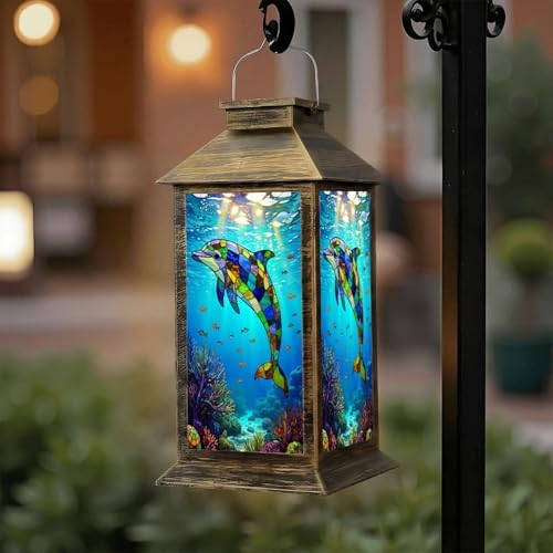Solar Lantern Outdoor Waterproof Colorful Stained Glass Dolphin Swimming Vibrant Underwater Scene Garden Decor LED Hanging Solar Lights Tabletop Lamp Gifts for Women Mom Outside Yard Patio Porch by DERUINVAIO