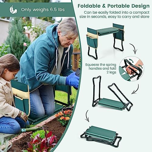 Goplus Garden Kneeler and Seat, Foldable Garden Bench for Kneeling & Sitting, Widened 8" EVA Soft Foam Pad, Heavy-Duty Garden Stool w/ 2 Large Tool Pouches, Gardening Gift for Women Men Seniors - Image 6