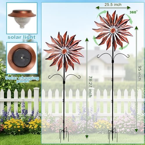 95 Inch Large Wind Spinner Outdoor Metal Garden Stake with Dual Hanging Hooks, Solar Powered Windmill Spinner for Yard & Patio, Heavy Duty Rustproof Kinetic Yard Art with Stable Ground Stake - Image 2