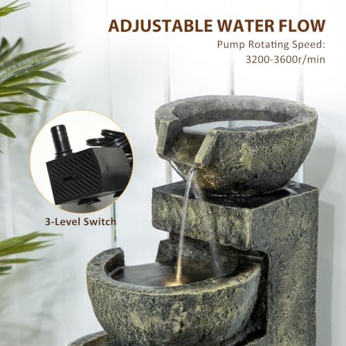 Outsunny Outdoor Fountain 4-Tier Stone Look Bowls Cascading Waterfall Gray - Image 4