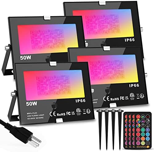 RGB Outdoor LED Flood Light 50W Color Changing Floodlights Spotlights Landscape Lighting Fixture Waterproof Landscaping Spot Light for Yard Garden Driveway Pathway Garden IP66 Waterproof (4 Pack) by ChangM