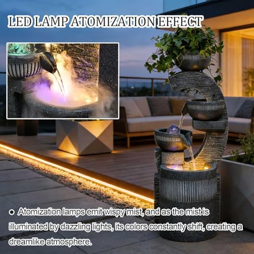 26.8" Tall Water Fountain Outdoor Garden, 4 Tiers Modern Cascading Bowls Water Fountain Outdoor Indoor Garden with LED Lights & Atomizer for Patio, Deck, Porch, Backyard Art Decor,A - Image 6