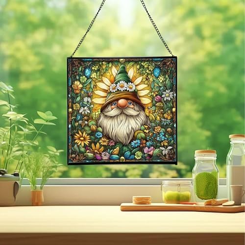 Daisy Crown Gnome Stained Glass Suncatcher – Square Hanging Window Panel for Home or Greenhouse – Whimsical Glass Art Gift for Garden Lovers, Christmas, Halloween, Father Days gdSmuZ - Image 2