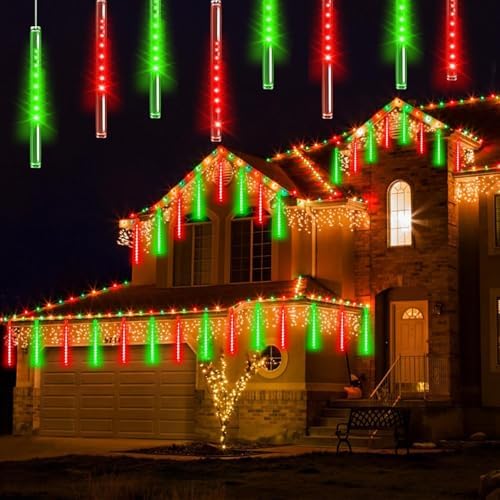 Solar Meteor Shower Lights 16 Tubes Christmas Lights Outdoor Red and Green - Image 2