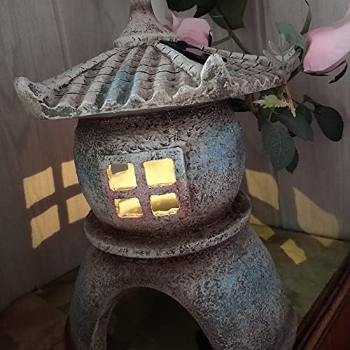 RAN Polyresin Asian Pagoda Lantern Figurine Solar Powered Zen Pagoda Outdoor Statue, Waterproof Garden Sculpture, 11.02" Tall - Image 3