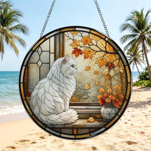 Fall Window White Cat Stained Glass Suncatcher 9.8" Colorful Window Hanging Ornament, Retro Sun Catcher Decor with Chain for Home Wall Garden Birthday Christmas Mothers Day - Image 3