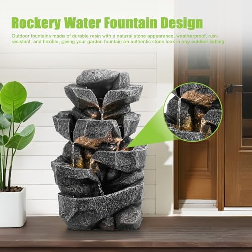 Cascading Rock Water Fountain with LED Lights for Outdoors, Garden Waterfall Fountain Decor - Patio, Backyard, Porch Resin Water Feature with Soothing Sounds for Home Art Decor (B) - Image 4