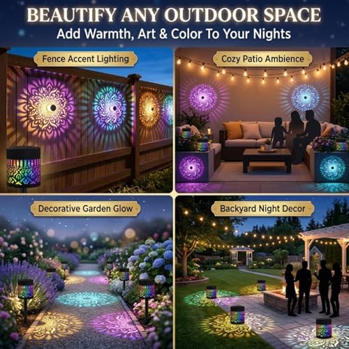 Mosaic Solar Lights Outdoor Mandala Gardening Decorative Cottage Garden Light Disc Illuminated Disk Projector Mandela Wall Color Changing Lamp Powered Colorful Decor Projection Theme LED(#A,4PCS) - Image 3