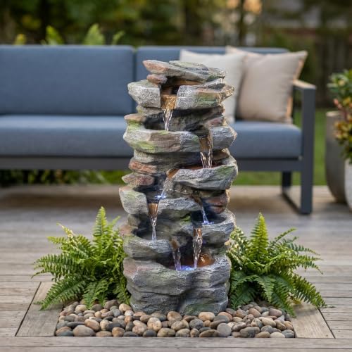 Rock Waterfall Outdoor Fountain with LED Lights, Resin Garden Decor Feature by Noeko