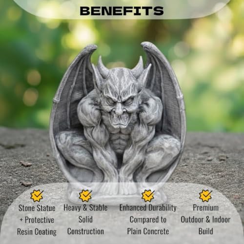 OLOMA Sitting Gargoyle Concrete Garden Statue Gothic Winged Bat Demon Sculpture Handcrafted Outdoor Fantasy Lawn Yard Decor Weather Proof Ornament Spooky Garden Art Mythical Creature Accent - Image 3