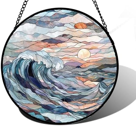 Stained Glass Window Hanging Suncatcher Sunrise Waves Gifts Decor 9.8" by DASTOLL