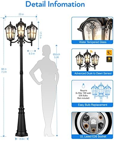 VIANIS 3-Head Outdoor Lamp Post Light Fixture, Black Outdoor Post Lights - Image 3