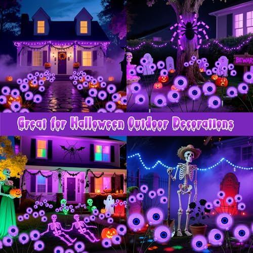 Kohlrabi Halloween Decorations Outdoor, 4 Pack 24 LED Solar Purple Scary Eyeball Swaying Lights, Solar Firefly Light Waterproof Outdoor Garden Lights for Halloween Yard Party - Image 6