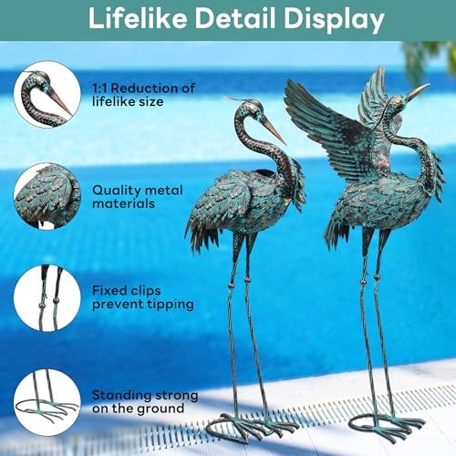 Large Garden Statues Set of 2, Metal Crane Sculptures, Bronze Heron Outdoor - Image 3
