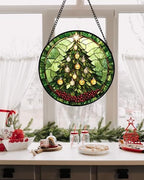 Green Christmas Tree Golden Bells Stained Glass Window Hanging Gifts 9.8" - Image 4
