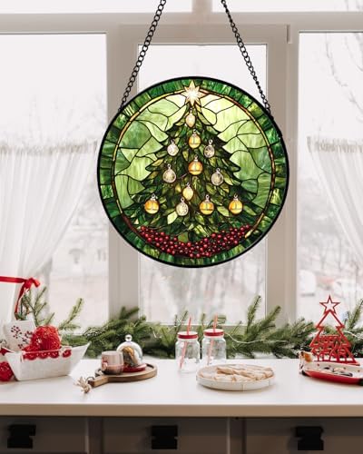 Green Christmas Tree Golden Bells Stained Glass Window Hanging Gifts 9.8" - Image 4
