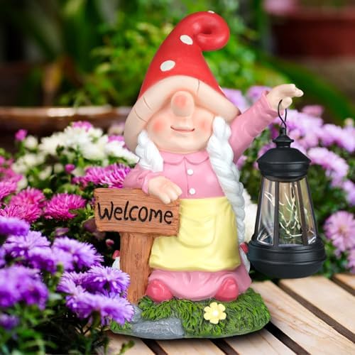 12.4" Solar Garden Gnome Statue with LED Lantern Welcome Sign, Pink - Image 4