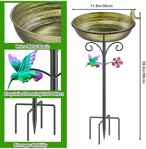 38.6in Bird Baths for Outdoors, Detachable Birdbaths for The Garden Clearance, Freestanding Bird Baths for Outdoors, Bird Bath Bowl Spa & Birdfeeder with Metal Stake Stand (Retro Gold) - Image 2
