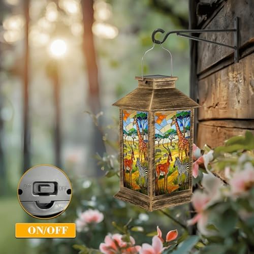 Solar Lantern Outdoor Waterproof African Savanna Wildlife Stained Glass Giraffe Zebra Antelope Garden Decor LED Hanging Solar Lights Tabletop Lamp Gifts for Women Mom Outside Yard Patio Porch - Image 5
