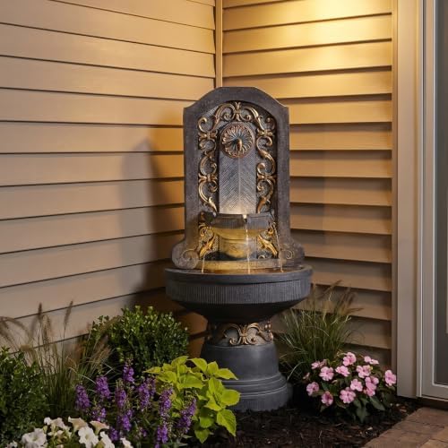 Bumilgar Outdoor Wall Fountain with LED Lights, 49.8” H Freestanding Gilded Fleur-de-Lis European Resin Standing Waterfall Feature, European Resin Flat Back Yard - Image 4