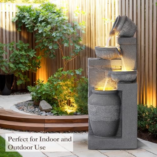 Outdoor Water Fountain, 4 Tiered Waterfall Fountains with LED Lights, Garden Bowl Waterfalls, Modern Cascading Flow Fountain for Garden, Yard, Patio, Home Decor (Grey) - Image 3