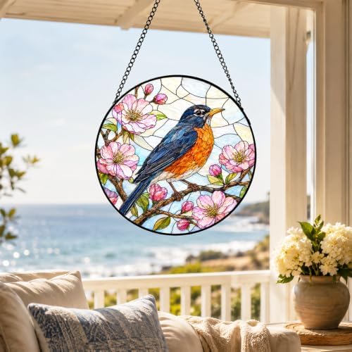 Robin and Cherry Blossom Stained Glass Window Hanging with Metal Chain - Image 2