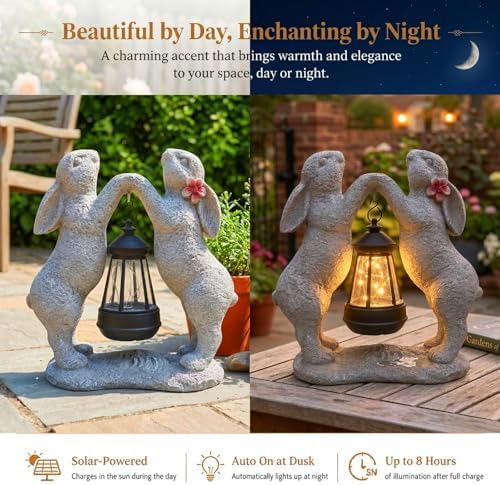 Solar Bunny Couple Garden Statue with Lantern Outdoor Decor - Image 2