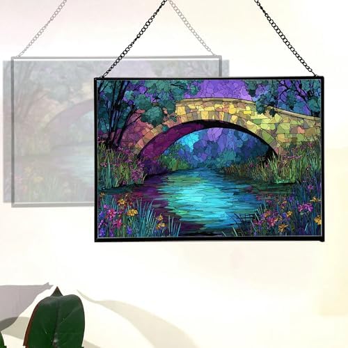 Rainbow Bridge Over Meadow Stream Rectangular Stained Glass Suncatcher – Hanging Window Panel with Animal & Nature Scene – Vibrant Glass Art Gift for Wildlife, Fantasy, Nature Lovers AiKrXc - Image 3