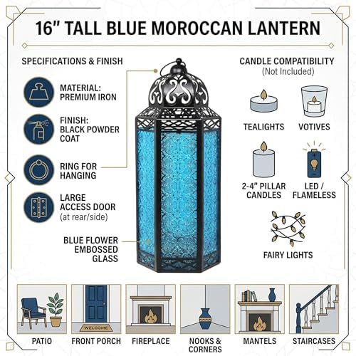Vela Lanterns Decorative Indoor Candle Holder Table Centerpieces - Moroccan Hanging Outdoor Patio & Porch Home Decor, Turkish Floor Lamp for Wedding, Ramadan (Extra Large 16", Blue Glass) - Image 5